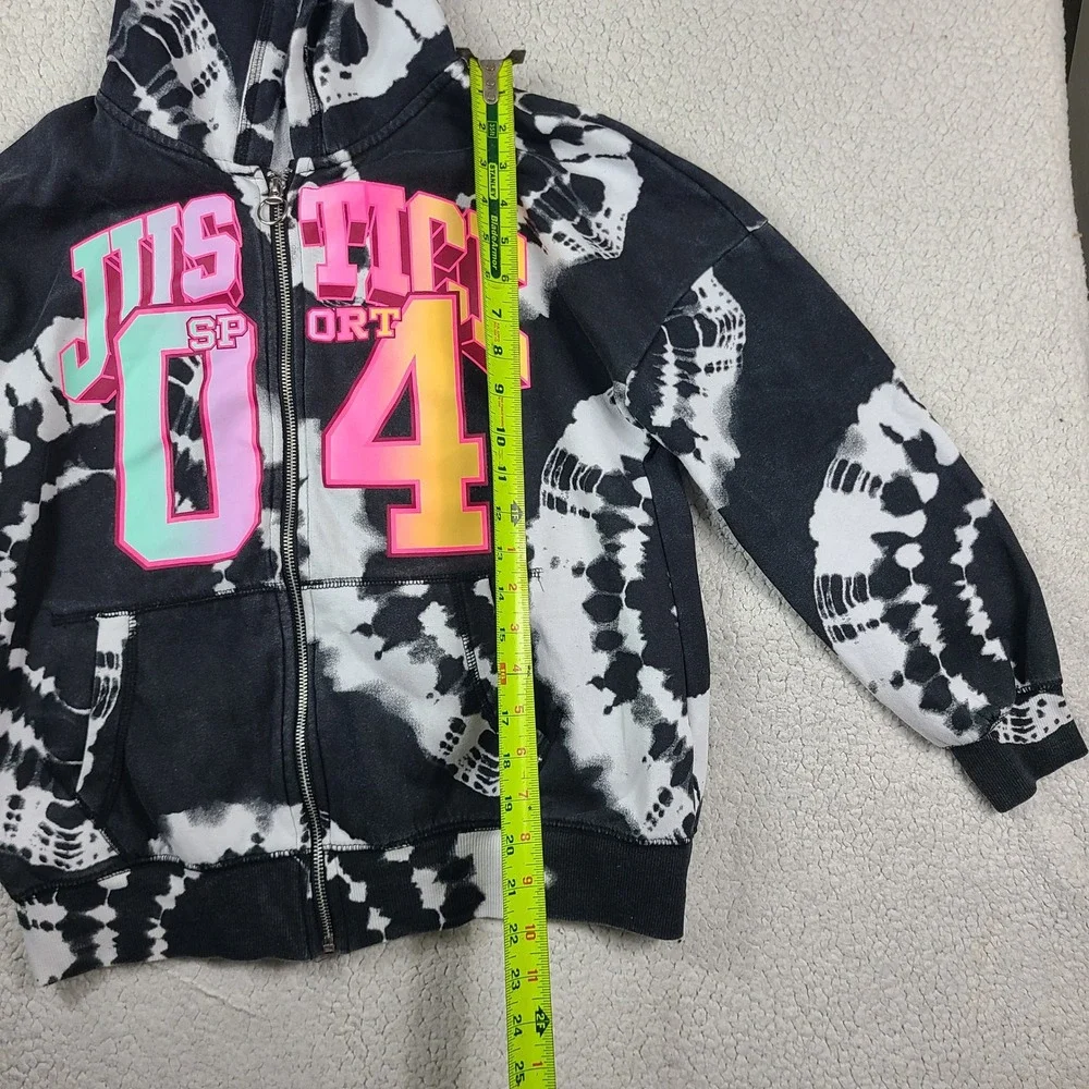 Justice Sport Girls Black White Tie Dye Zip Up Hoodie Neon Graphic Sweatshirt